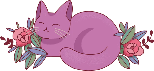 Purrple Cat, the purple cat mascot, curled up among peonies